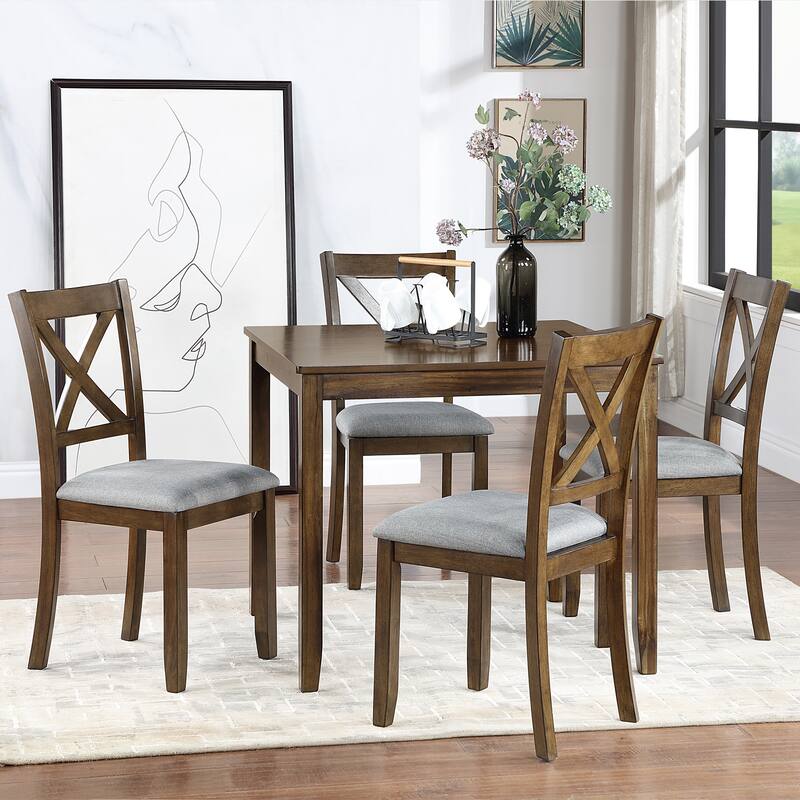 Modern Style 5 Piece Wooden Table Set w/4 X Backrest Upholstered Chair - Walnut+Brown