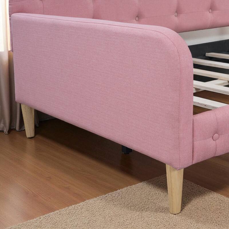 Twin Size Upholstered Daybed with Linen Fabric, Solid Wood Frame, No Box Spring Needed, 400 lb Capacity