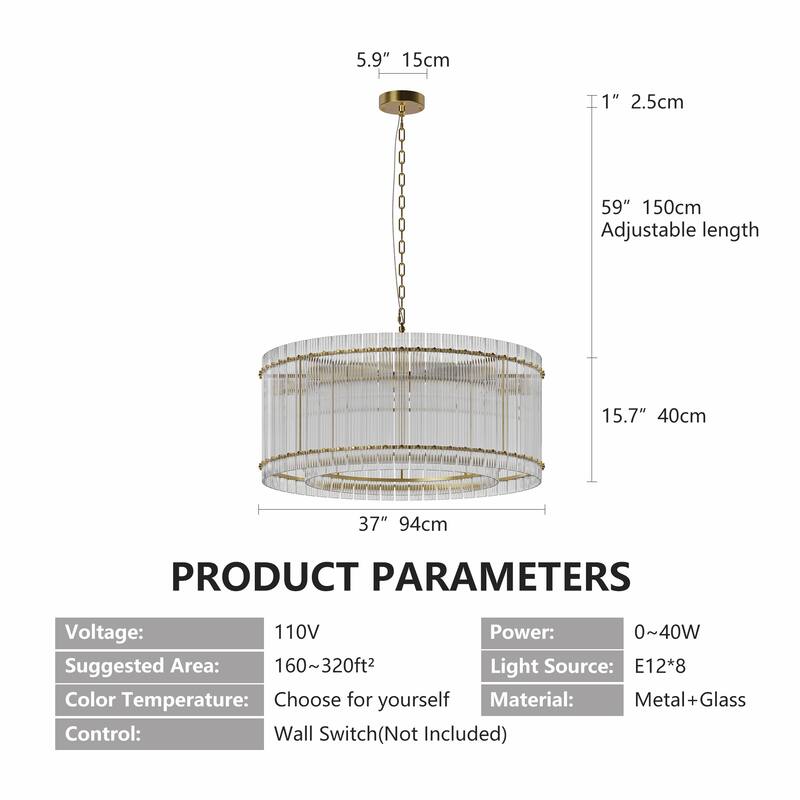 37" Gold Round Chandelier, 2-Tier 8-Light Water Ripple Crystal Glass Chandeliers for Dining Room,Living Room