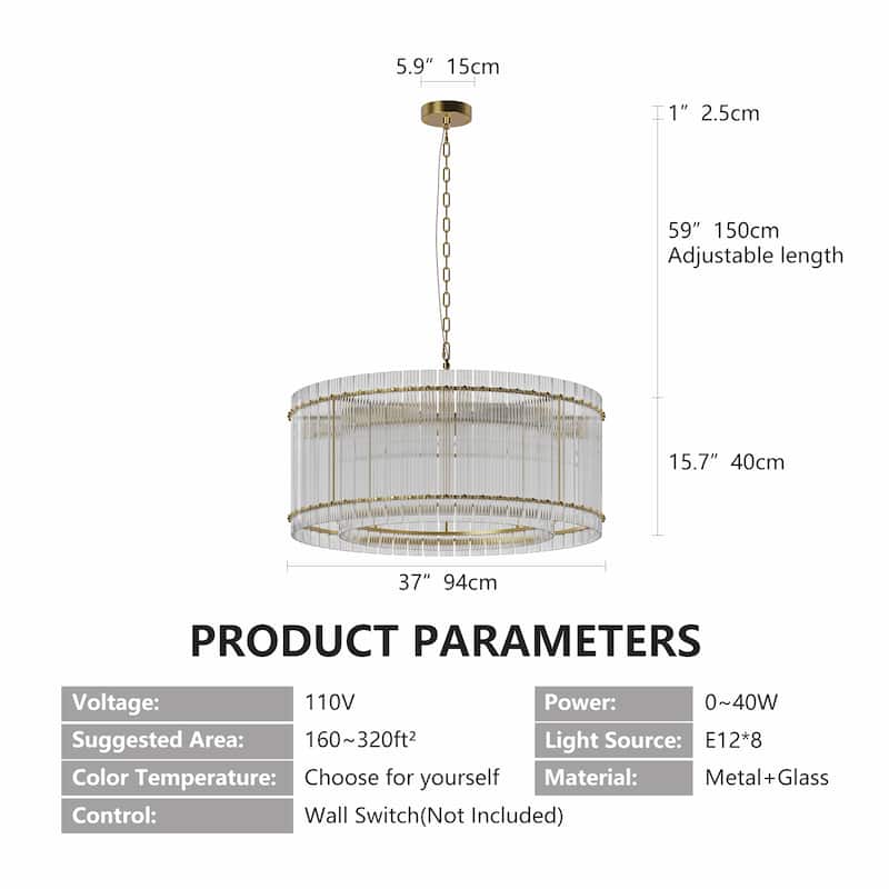 Anmytek 37 Inch Gold 2-Tier 8-Light Water Ripple Crystal Chandelier for Dining Room Living Room - 37 Inch