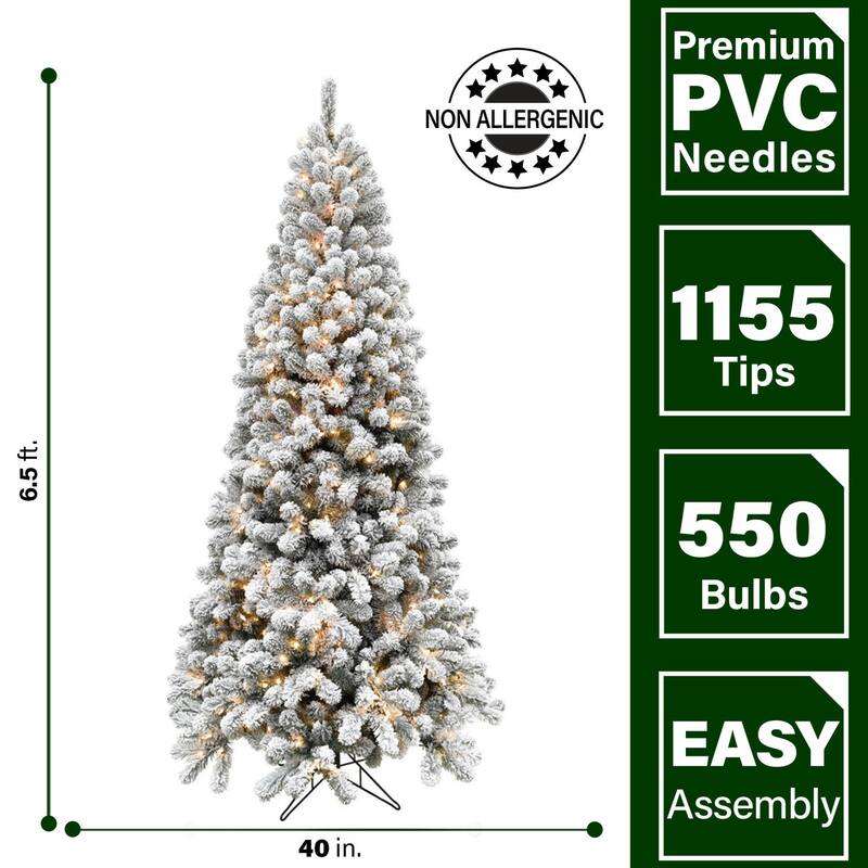 Fraser Hill Farm 6.5-Ft. Flocked Silverton Fir Christmas Tree with Clear LED String Lighting