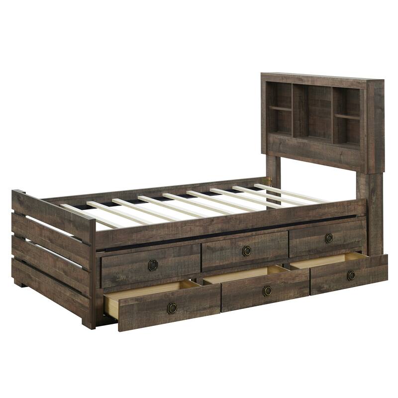 Farmhouse Style Full Size Bookcase Captain Platform Bed with Three