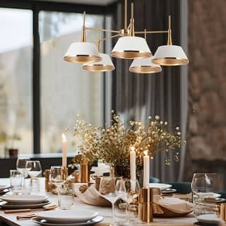 Mid-Century Modern 5-Light Wheel Chandelier with Gold White Metal Shade for Dining Living Room