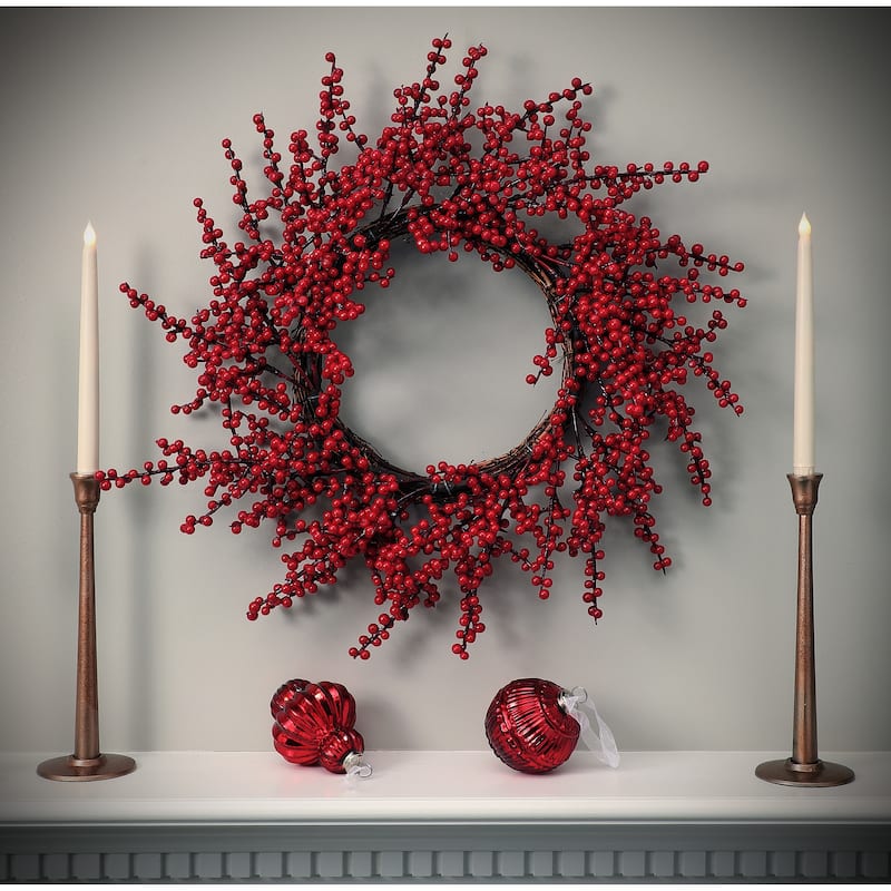 24" Waterproof Winter Berry Wreath - 24 - Red