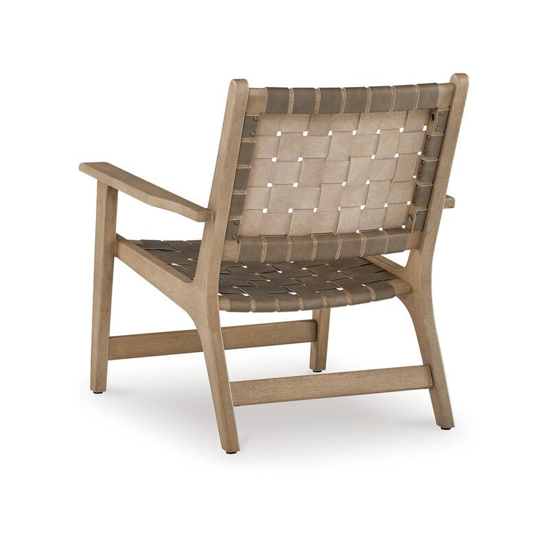 Woven Accent Chair, Taupe Faux Leather Strips, Basket Weave Pattern, Brown