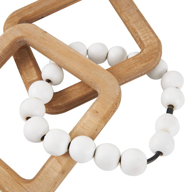 Brown Wood Geometric 3 Link Chain Decorative Sculpture with White Beaded Accents (Set of 2)
