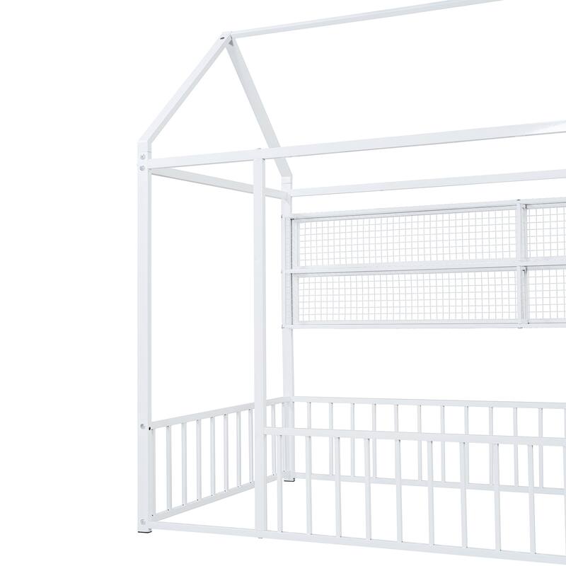 Full Size Metal House Bed Frame with Built-In Grid Shelves, Playful Canopy Design and Space-Saving Storage