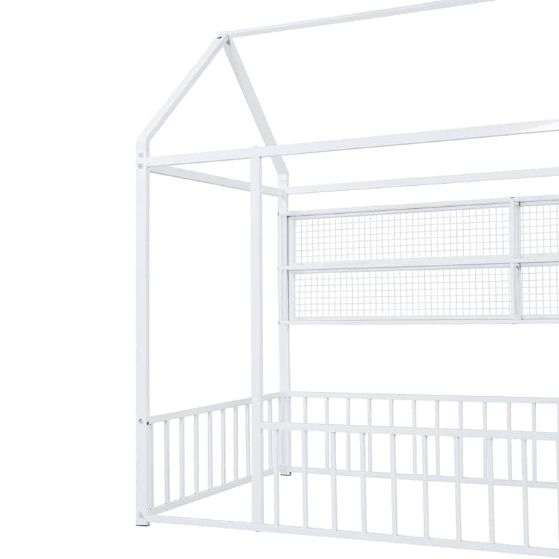 Twin Size Metal House Platform Bed Frame with Storage Shelves,Fence and Shelves