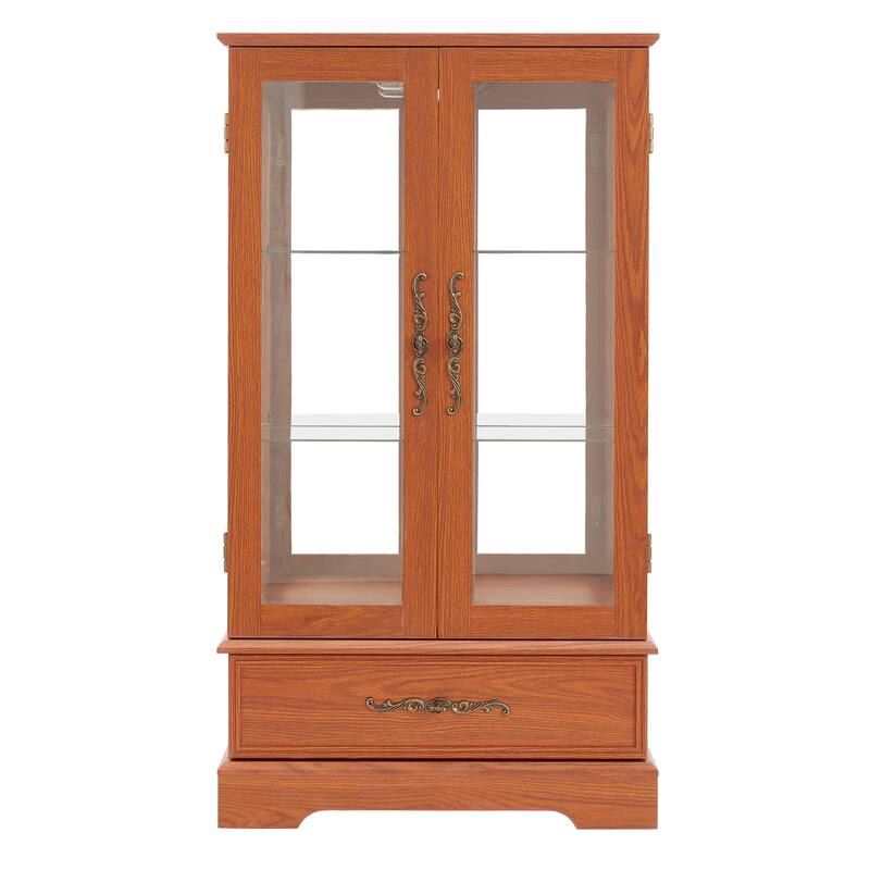 Illuminated Glass Curio Display Cabinet With 2 Doors, 1 Drawer & Customizable Glass Shelves (Bulbs Included)‌