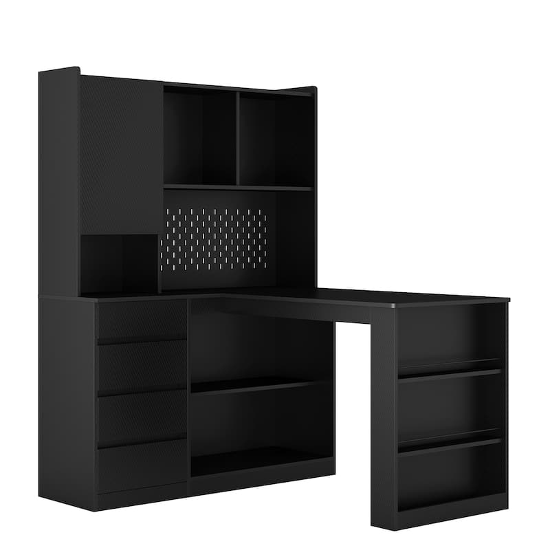 L-Shaped Corner Storage Desk with LED Light, Modern Home Office Computer Table Gaming Desk with Drawers and Bookshelf
