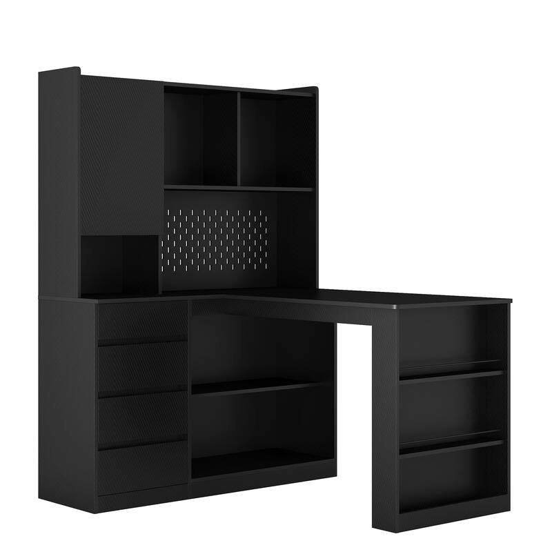 L Shaped Desk Corner Computer Desk Office Desk Study Table Writing Desk Gaming Computer Desk wCharger LED Drawers Bookshelf