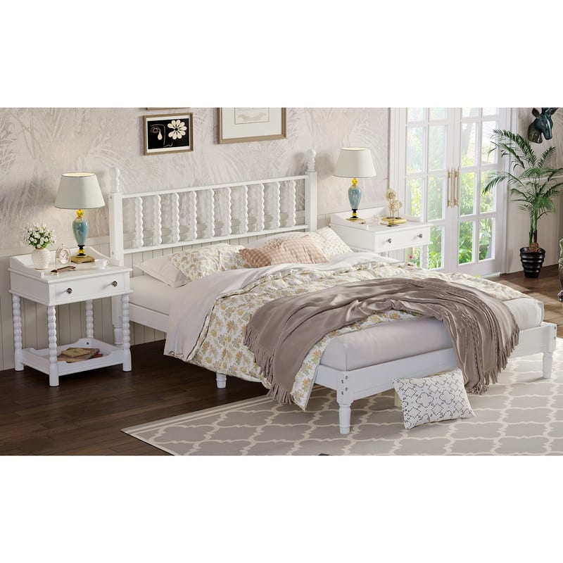 3-Pieces Retro Style Bedroom Sets, Queen Size Platform Bed with Gourd Shaped Headboard, Storage Nightstand