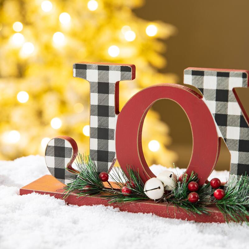 Glitzhome Christmas Wooden Plaid JOY NOEL Word Table Decor