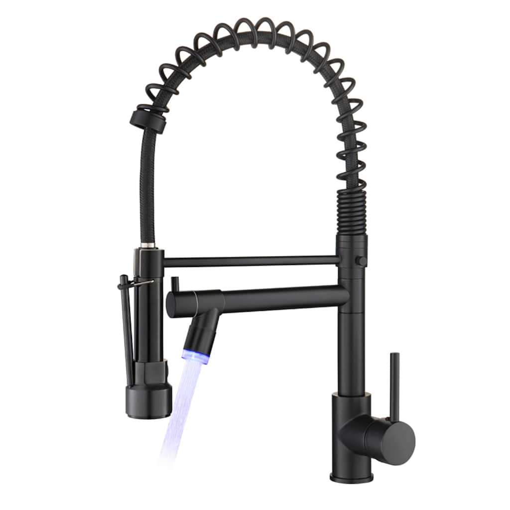 Copper Kitchen Faucet Pull Down Dual Sprinkler LED Light - Black