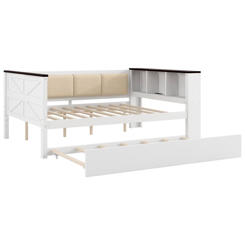 GDFStudio - Wood Daybed with Storage Shelves, Upholstered Backrest, Trundle and USB
