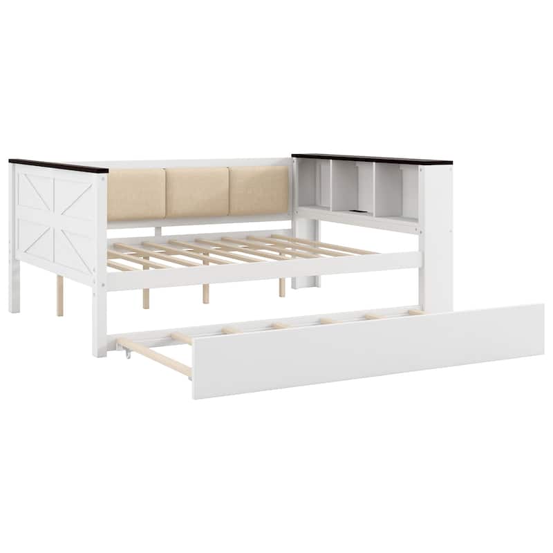 Wood Daybed with Storage Shelves, Charging Station & Upholstered Back by Harper&Bright Designs