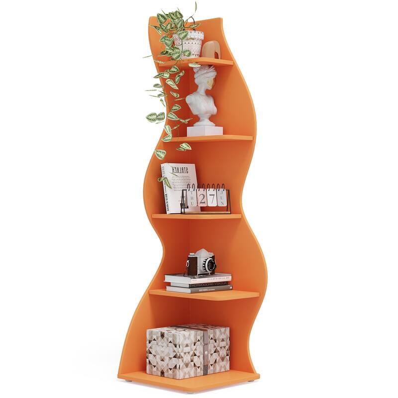 Modern Wood Corner Shelf, 5-Tier Bookshelf Bookcase for Living Room - 1PC - Orange