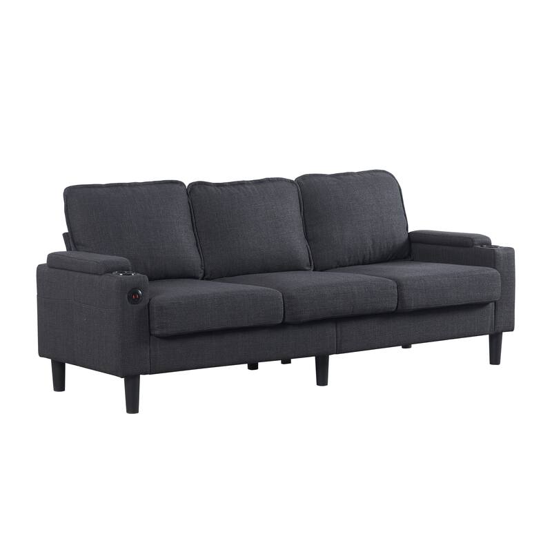 L Shaped Sectional Sofa with Storage Ottoman, Upholstered 3-Seater Sofa with USB Port, Cup Holders & Side Pockets