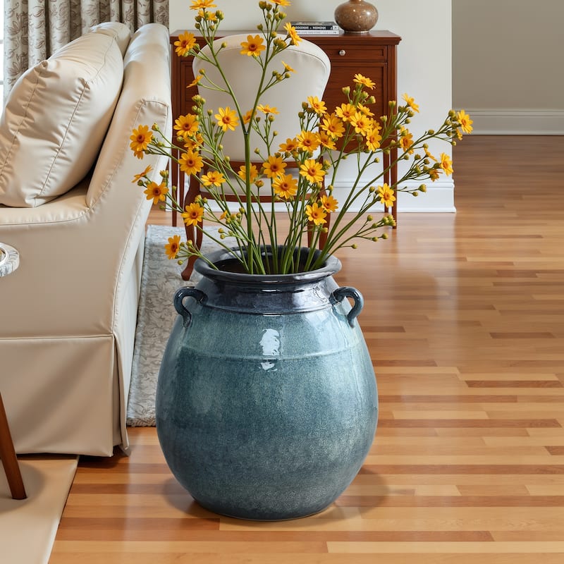 Rippled Blue with Brown Round Ceramic Vase, Home Decor Tabletop & Floor Accent