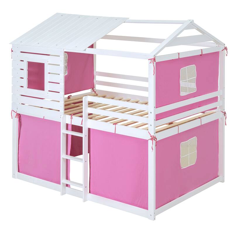 Full Size Solid Wood House Bunk Bed with Tent, Ladder and Fence for Kids, Bedroom