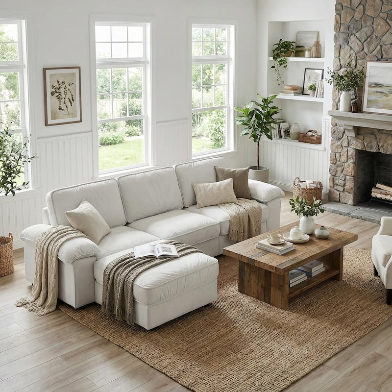 Upholstered L-Shaped Sectional Sofa Couch with Ottoman, Modern Fabric Deep Seat Sofa