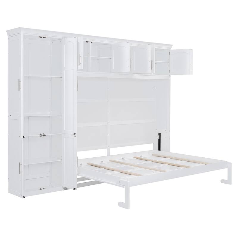 Space-Saving Queen Size Murphy Bed with Integrated Cabinets and Storage, White