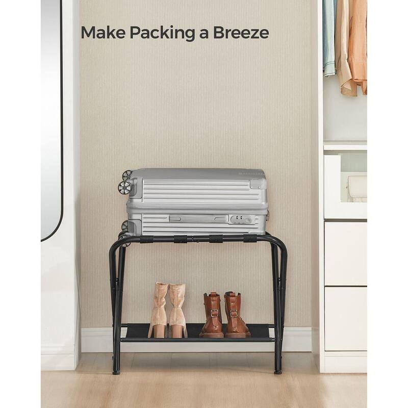 Black 2 Pack Steel Foldable Luggage Rack with Lower Shelf for Guest Room or Hotel Use - 27.2” L x 15” W x 20.5” H