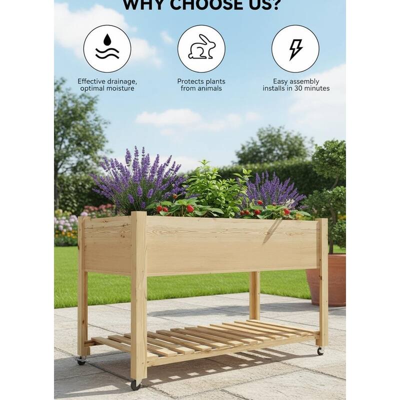 Raised Garden Bed, with Lockable Wheels and Storage Shelf
