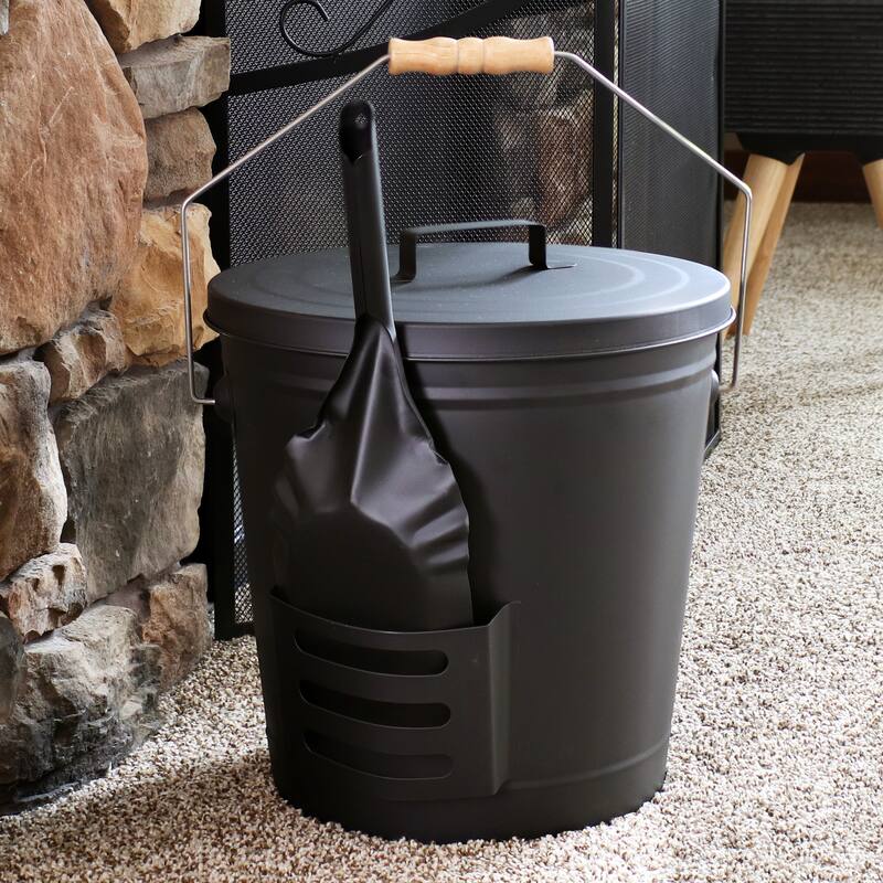 Steel Fireplace Ash Bucket with Lid, Shovel and Brush