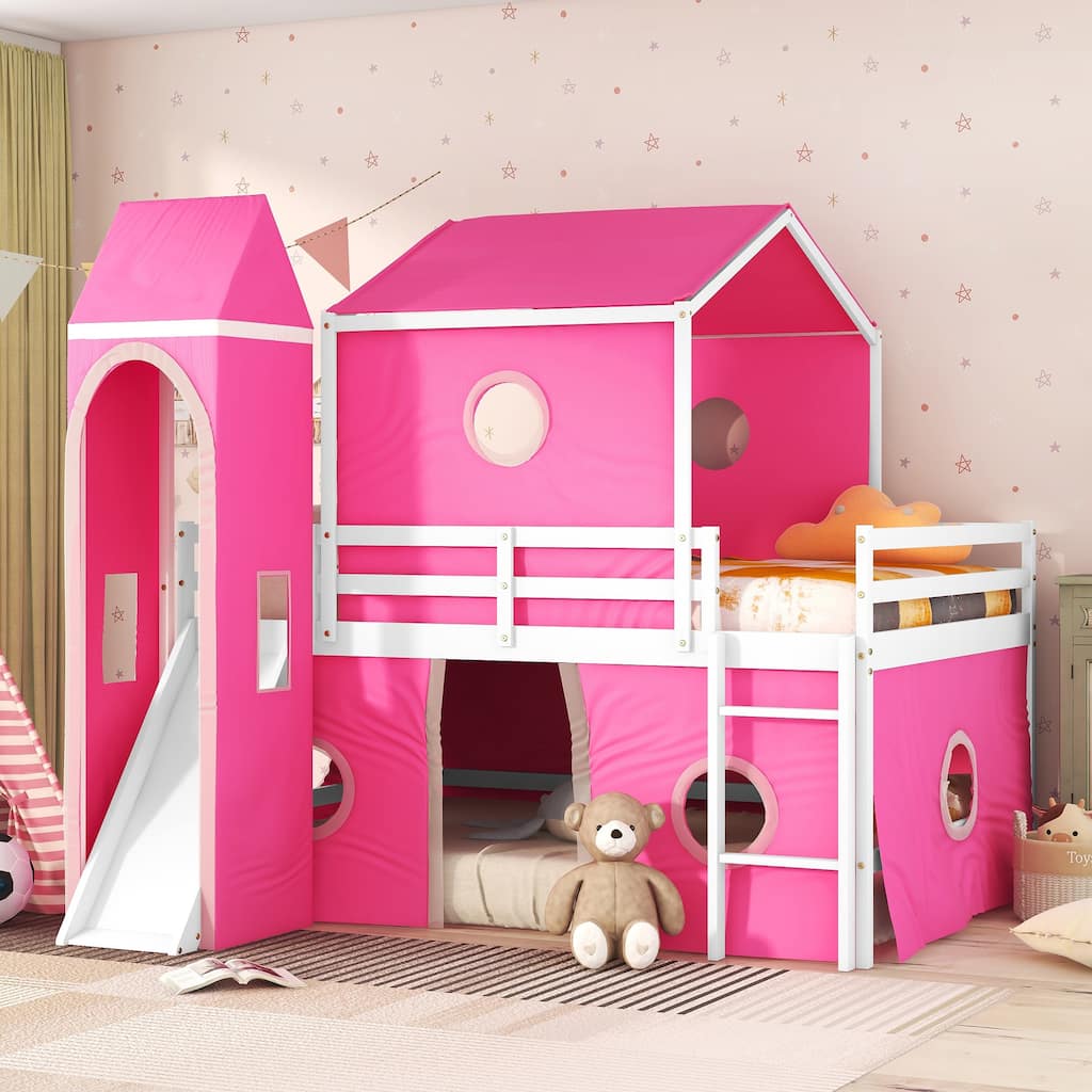 Twin/Full Size Kids Loft Bed with Slide and Tent, House Loft Bed with Tower and Ladder, Wood Loft Bed Playhouse Bed Frame