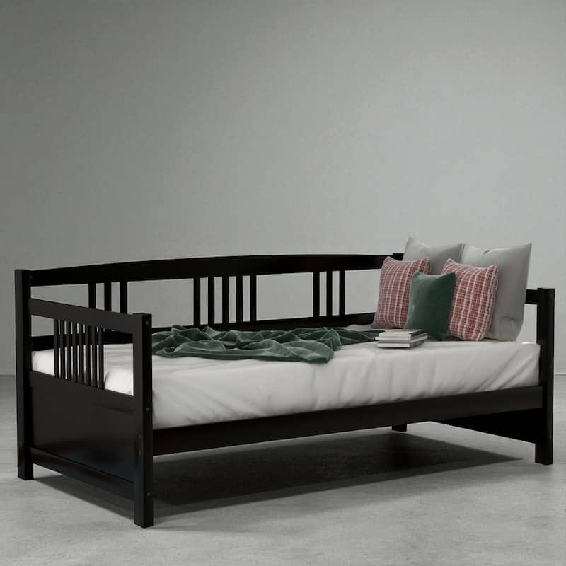 Modern Twin Size Solid Wood Daybed with 3-Sided Rail, Vintage Style Frame with Slats, Multifunctional Sofa Bed