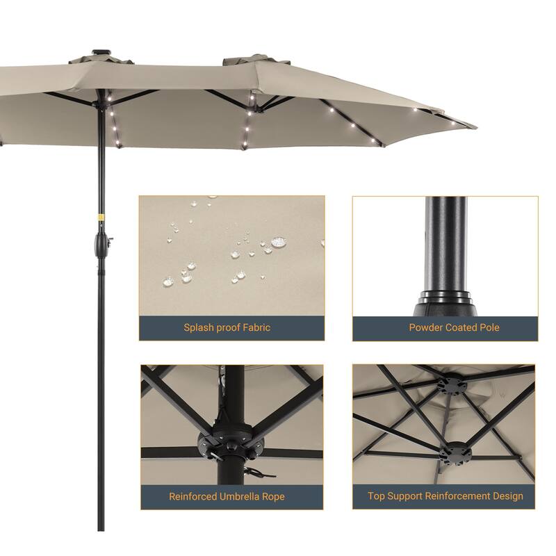 Livoosun 15×9FT LED Double-sided Patio Umbrella with BASE UPF50+ and Handle, and Wind-Resistant Design