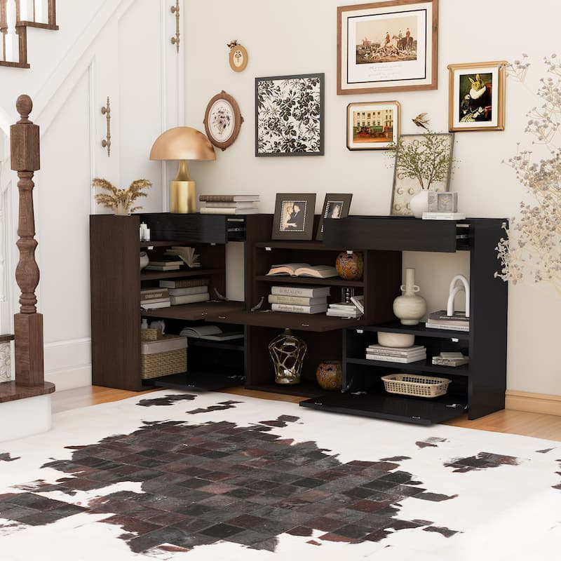 Storage Cabinet with Adjustable Extendable, Buffet Sideboard with Drawer, Two-Tone Design Bookcase Corner Cabinet - Black + Dark Walnut