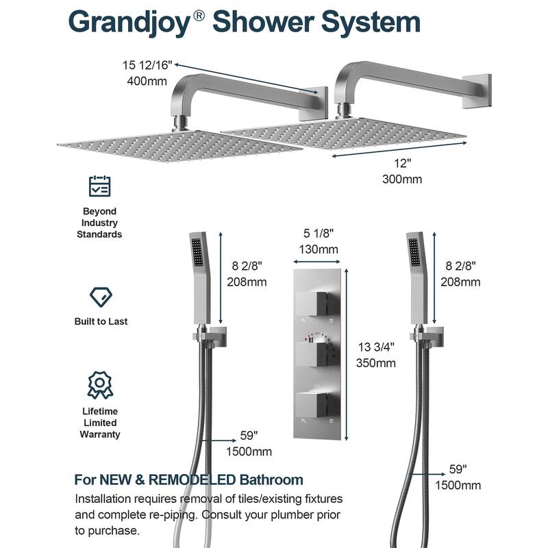 GRANDJOY 12 inch Wall Mounted Dual Shower Heads with Handheld Spray Combo Thermostatic High Pressure Shower System