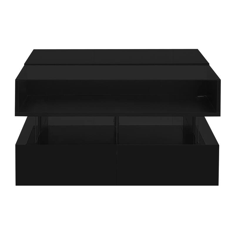 Lift-Top Coffee Table with 2 Drawers, Square Coffee Table with Glass Top and High-Gloss Finish, Hidden Space and LED Lights