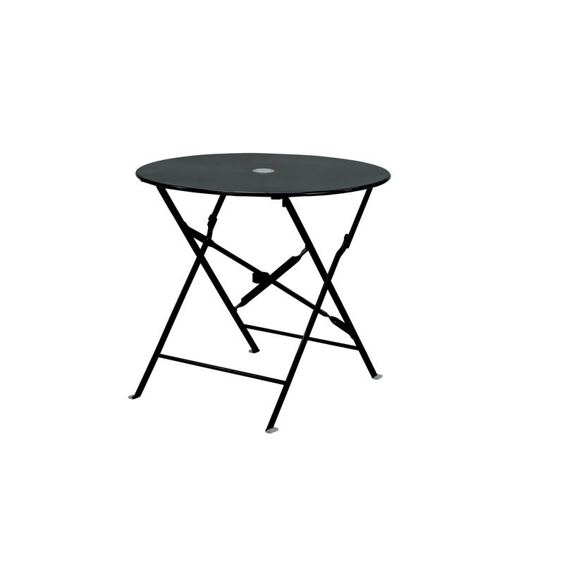 30" Black Rounded Aluminum Folding Outdoor Bistro Table with Umbrella Hole