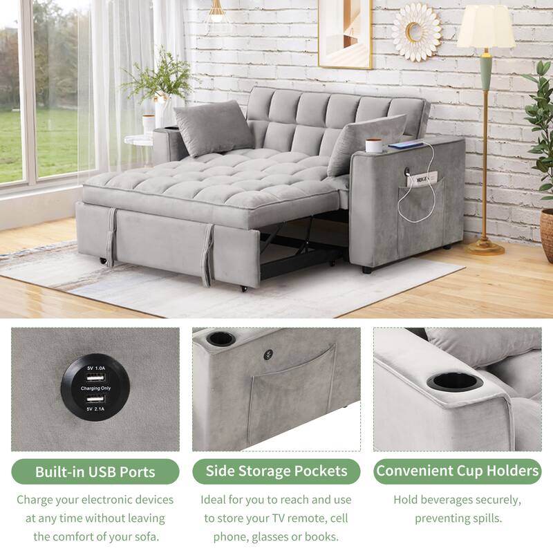 Loveseat Convertible Pull-out Sleeper Sofa Bed Adjustable Backrest Tufted Couch Futon Sofa w2 Pillows, USB Ports Pockets