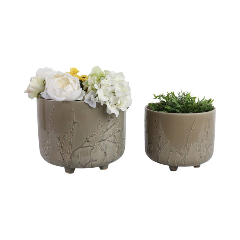 Ceramic Stoneware Planter with Raised Botanical Texture Footed Base