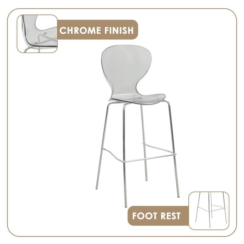 30 in. Seat Height Acrylic Plastic Barstool in Chrome Steel Frame Armless with Footrest