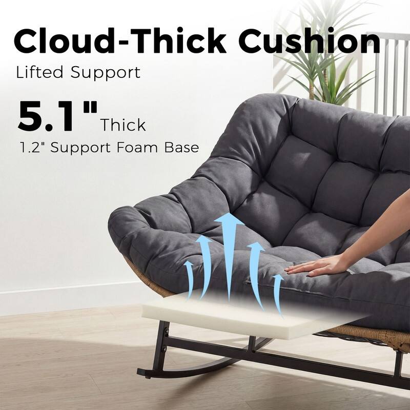 60" Double Papasan Rocking Chair for 2, 700-lb Capacity Wicker Egg Rocker with 5.1" Thick Cushion