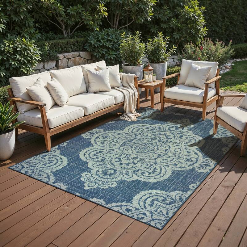Style Haven Marianna Center Medallion Loop Pile Indoor Outdoor Rug - 2' 5" x 4' 5" - Navy/Grey - Rectangle