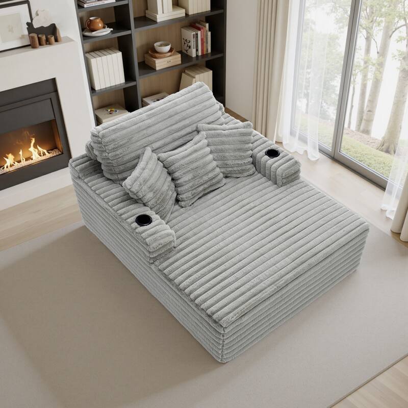 53"W Oversized Plush Fur-Like Chaise Lounge Sofa with Cup Holder