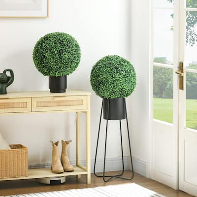 HOMCOM Set of 2 15.75 Inch Artificial Ball Boxwood Topiary Trees Balls, Indoor Outdoor Fake Plants for Home