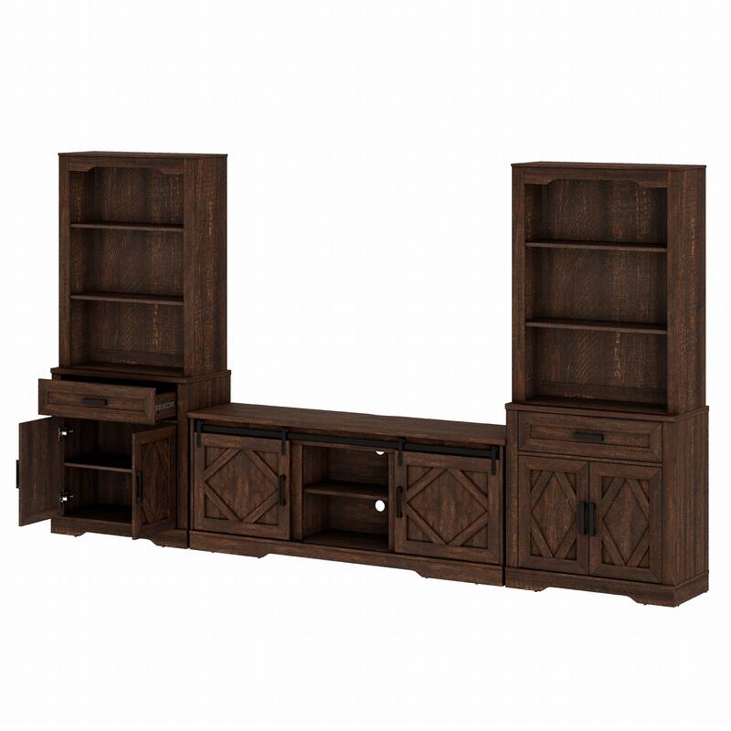 Modern Farmhouse TV Stand with Bookcase for 65" 75" TV with Barn Door for Living Room, Bedroom & Home Office