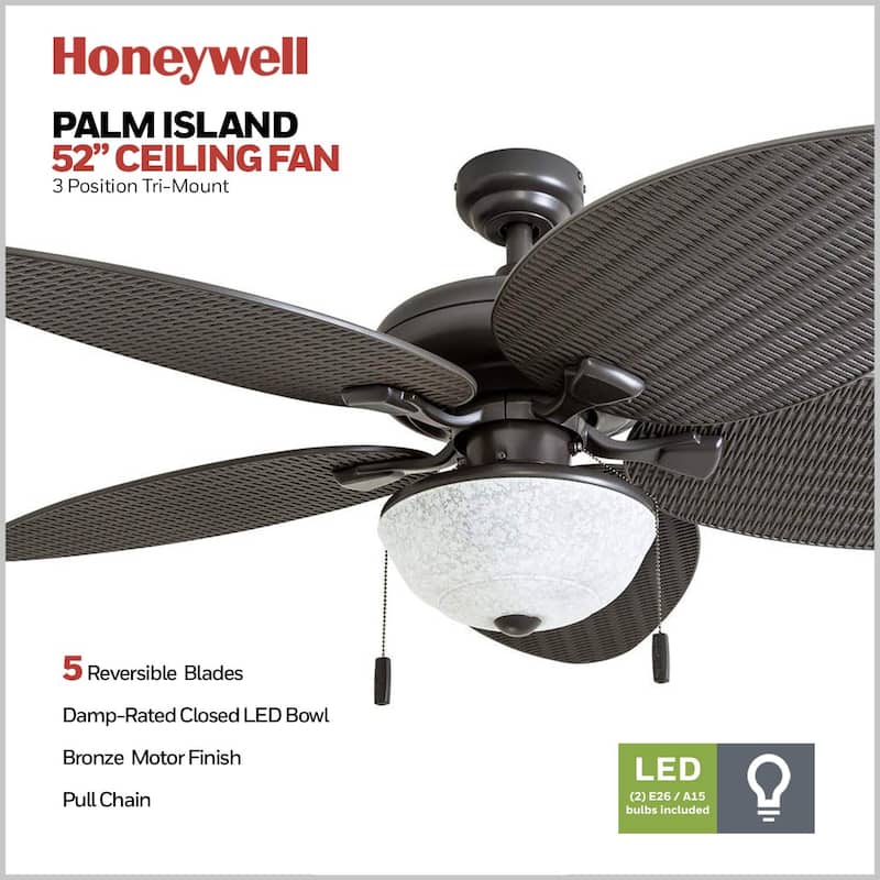 52" Honeywell Inland Breeze Bronze Indoor/Outdoor Ceiling Fan with Light, Pull Chain, Weather Resistant Blades