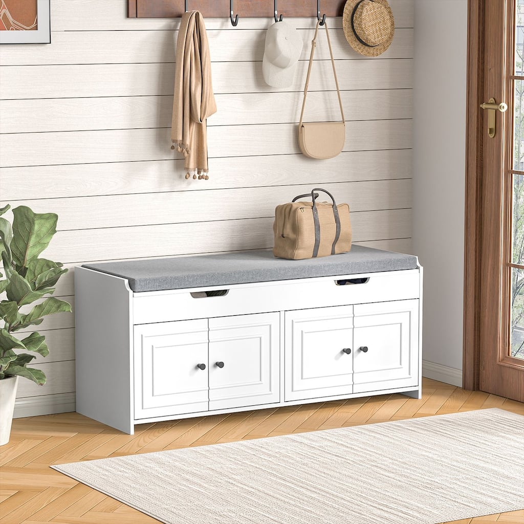 2-Tier Shoe Storage Bench, Entryway Storage Bench with Cushioned Seat and 4 Doors, Shoe Bench with Lift Top