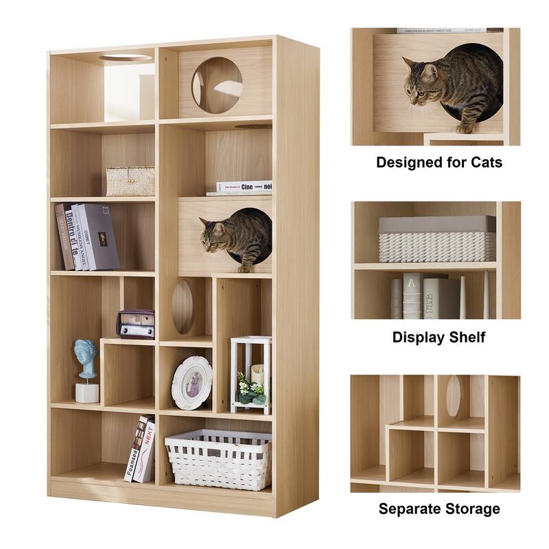 Modern 2-in-1 Wooden Bookshelf & Cat House: Display Case with Storage, Litter Box Enclosure & Climbing Shelf‌
