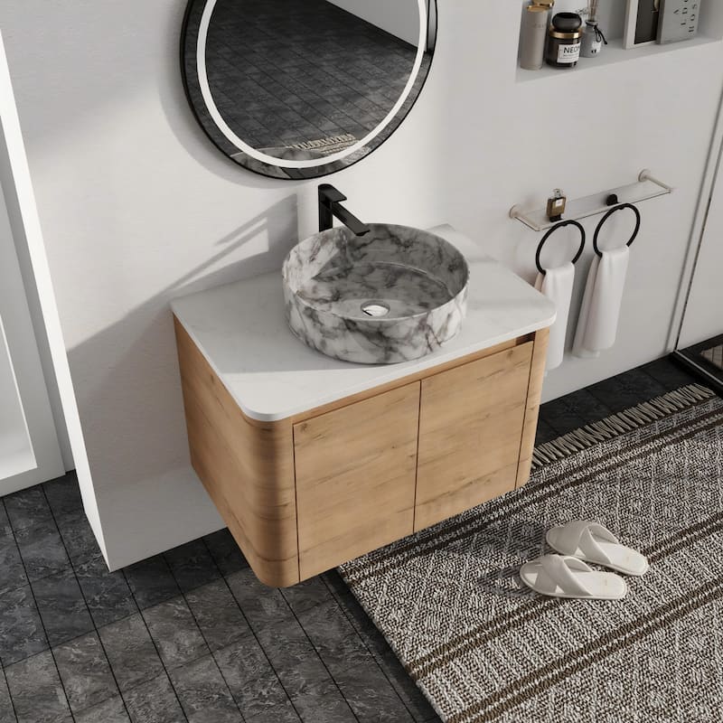 Malwee 24"/30" Floating Bathroom Vanity, Wall Mounted Bathroom Vanity with Ceramic Sink and Soft Close Door - 29.5"×18.5"×24.4" - Brown-White with grey patterns