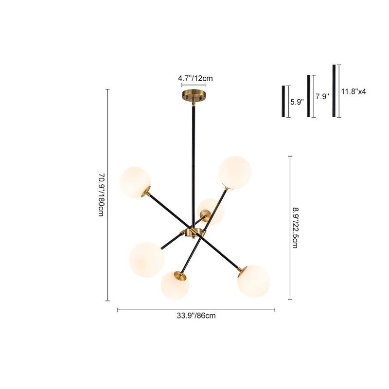 Mid-Century Adjustable Arm White Glass Globe Sputnik Chandelier