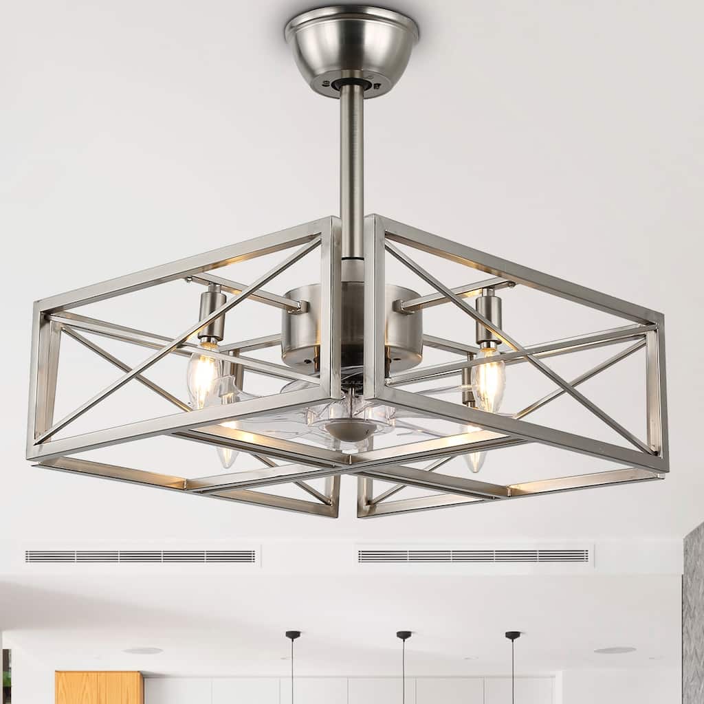 20" Cube Chrome Steel Caged Ceiling Fan with Lights, 4-bulb Modern Caged Pedant Lights Ceiling Fan, Fandelier Remote Control